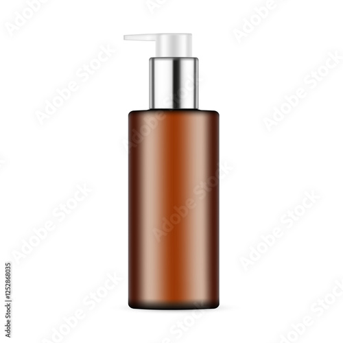 Amber Plastic Pump Bottle Mockup With Metal Cap, Front View, Isolated On White Background. Vector Illustration