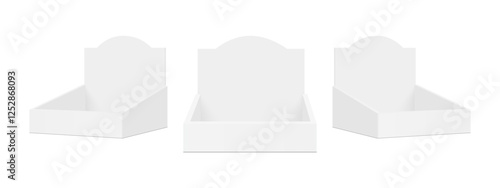 Empty Display Boxes Mockups, Front, Side View, Isolated On White Background. Vector Illustration