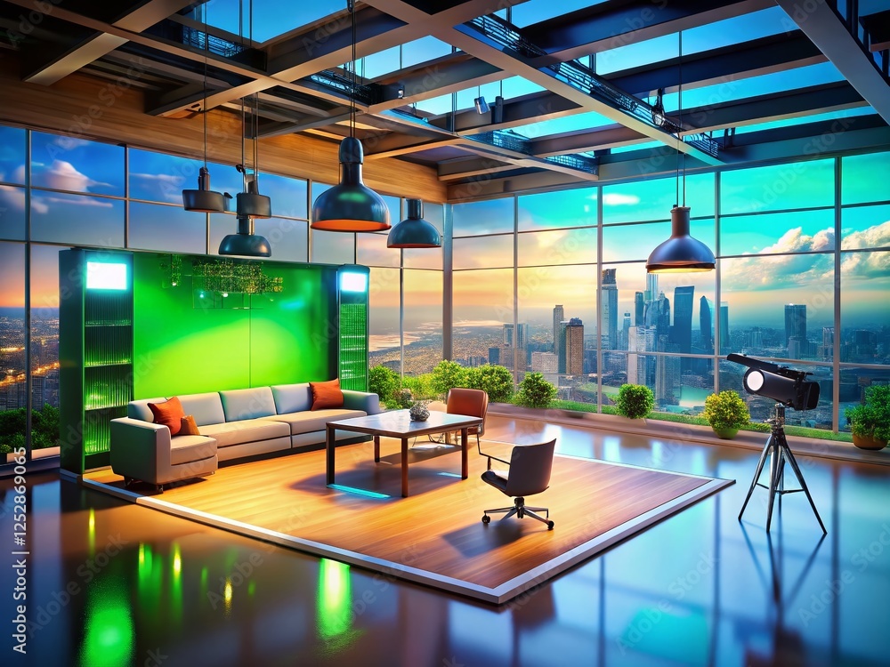 Aerial View Virtual Studio Office Background: Movie Set Inspired 3D Render for TV Shows, Online Events & Product Reviews Aerial View Virtual Studio Office Background: Movie Set Inspired 3D Render for TV Shows, Online Events & Product Reviews