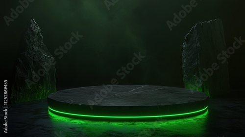 Black Podium with Green Neon Lighting on Large Round Stone Platform. Dark and Mysterious Tone for Unique Presentation.