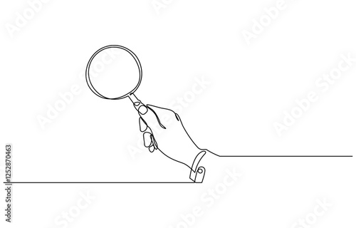 Continuous line drawing of magnifying glass. Hand holding magnifying glass line art drawing, Single Line Drawing of a Hand Holding a Magnifying Glass - Minimalist Concept on White Background.