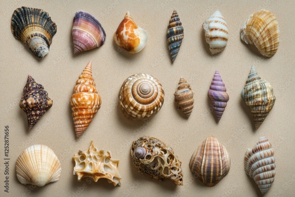 Collection of various seashells arranged artistically on a neutral background Collection of various seashells arranged artistically on a neutral background