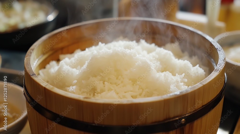 Perfectly Cooked Fluffy White Rice, Steaming in a Wooden Bowl. Delicious and Appetizing Staple Dish. Perfectly Cooked Fluffy White Rice, Steaming in a Wooden Bowl. Delicious and Appetizing Staple Dish.
