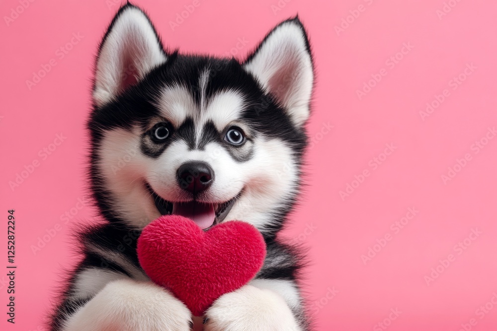 Siberian husky - my desired dog. Cute siberian husky hound with domestic animal toy red heart - sign of love, funny greeting card. Ad creative. Romantic dog stories for valentine's. Red heart. Siberian husky - my desired dog. Cute siberian husky hound with domestic animal toy red heart - sign of love, funny greeting card. Ad creative. Romantic dog stories for valentine's. Red heart.