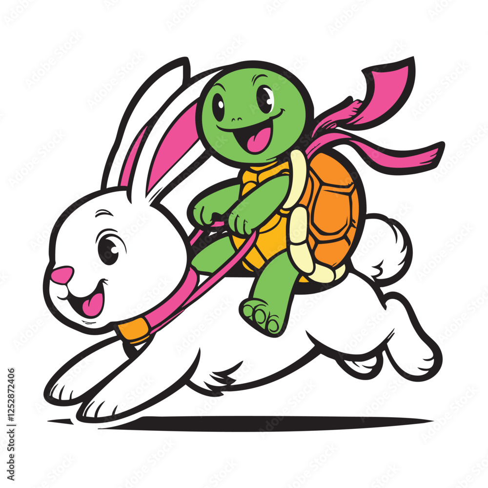 Fototapeta premium Cheerful Turtle Riding a Happy Rabbit Vector