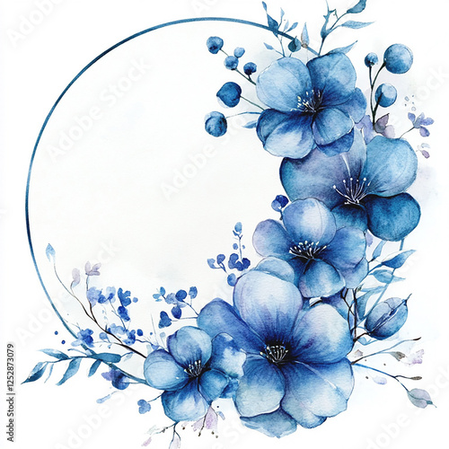 Fototapeta Naklejka Na Ścianę i Meble -  blue round watercolor frame on white background. Tender floral arrangement for wedding design