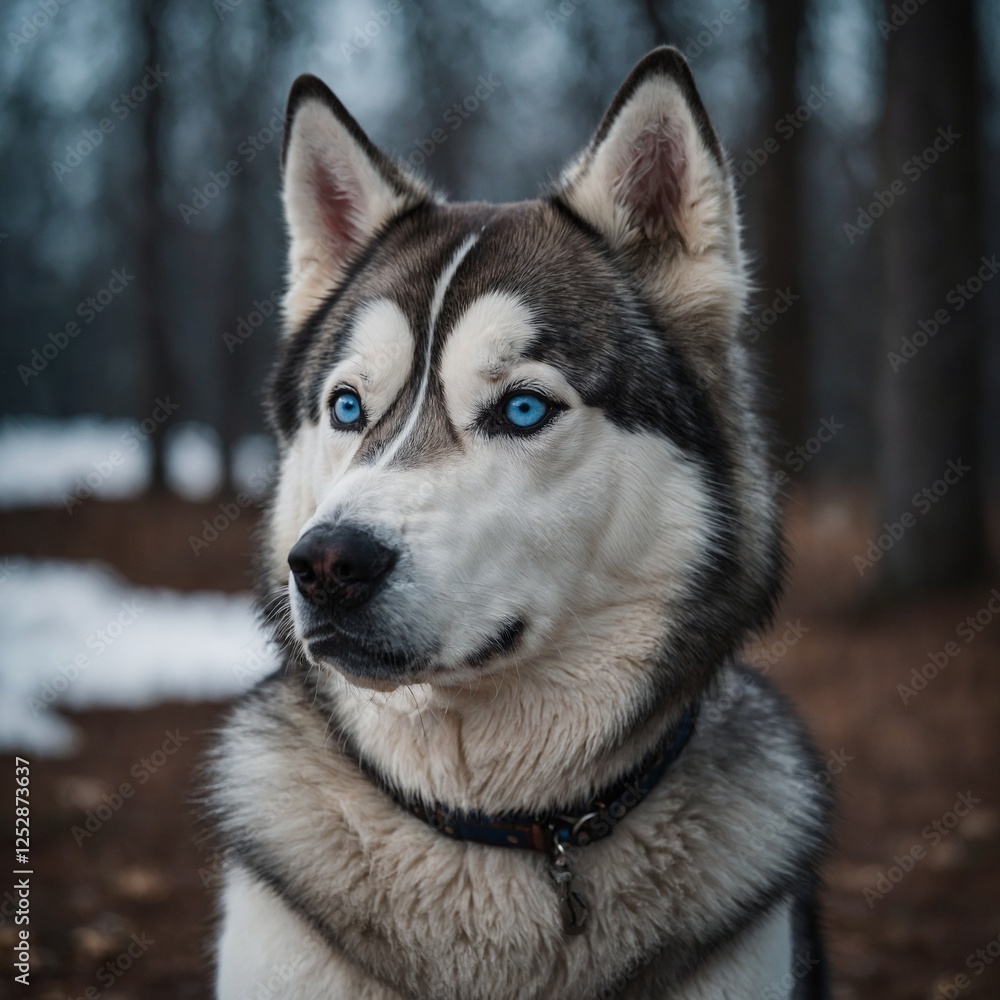 A Siberian husky with striking blue eyes staring straight ahead. A Siberian husky with striking blue eyes staring straight ahead.