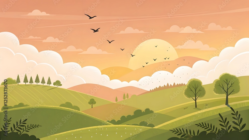 Fototapeta premium Serene Landscape with Rolling Hills and Sunset Over Clouds