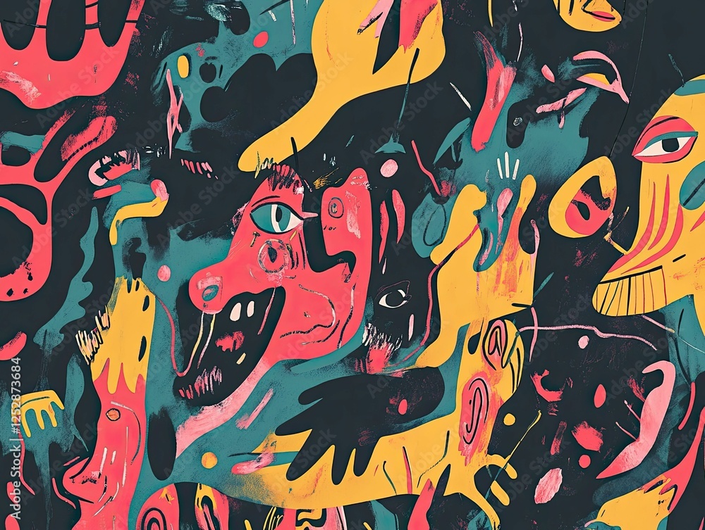 Obraz premium Abstract colorful painting; swirling shapes, faces.