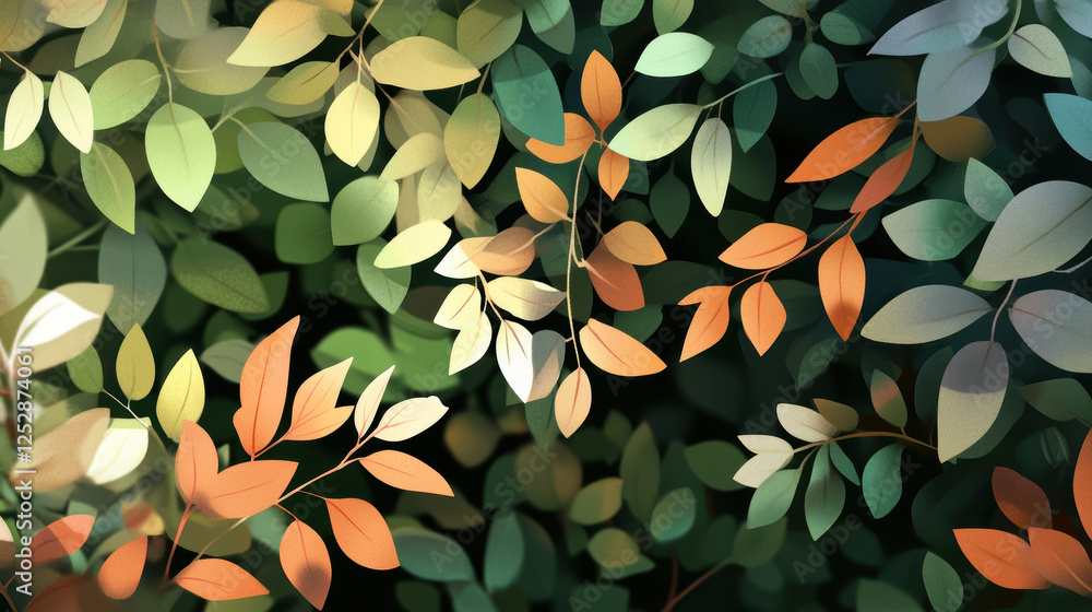 custom made wallpaper toronto digitalLush overlapping leaves in shades of green, orange, and yellow create bold forest canopy texture with vibrant and organic pattern, evoking sense of nature beauty