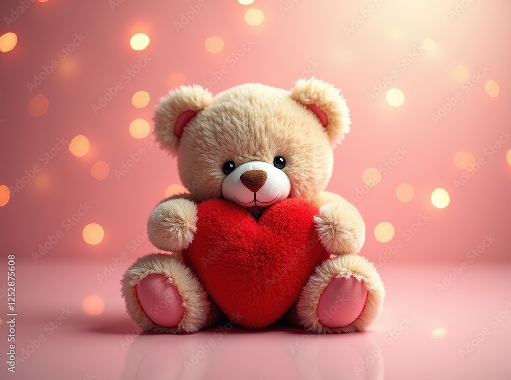 Fototapeta premium Teddy Bear Hugs Heart - Pink Bokeh Background