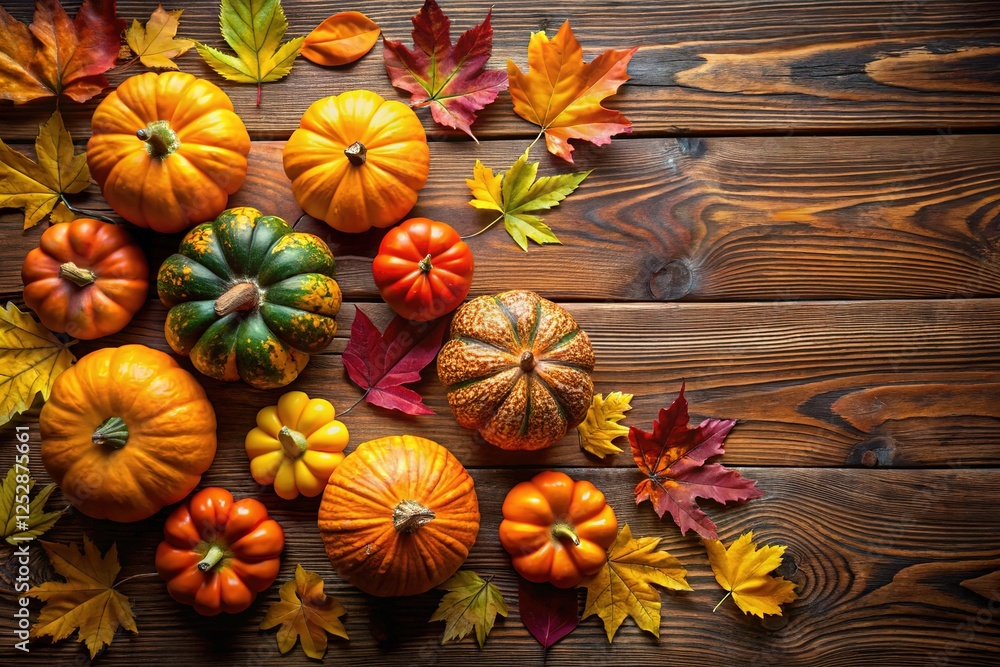 Fototapeta premium Thanksgiving/Halloween harvest scene: pumpkins, fall leaves on wood.