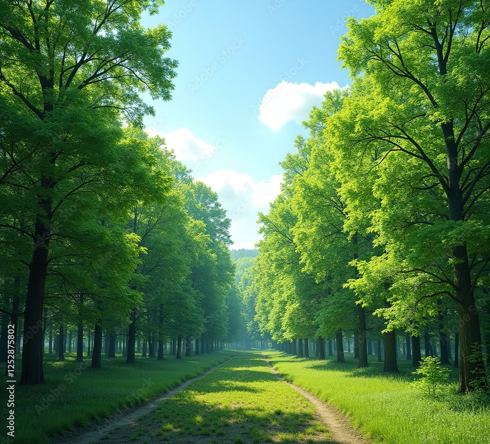 Obraz premium Sunlit Deciduous Forest Panorama