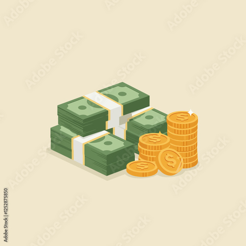 Stacks of Cash and Gold Coins Money Illustration