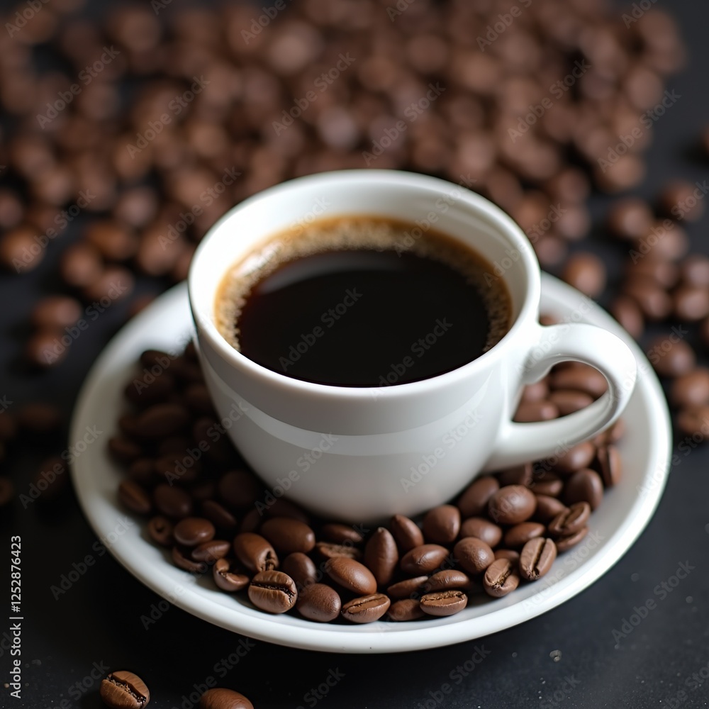Black Coffee in White Cup - Coffee Beans Rotating
