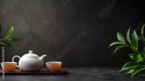 Wallpaper Mural Elegant tea set with fresh leaves on a dark background Torontodigital.ca