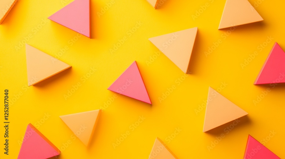 Geometric pattern of colorful triangles on yellow Geometric pattern of colorful triangles on yellow