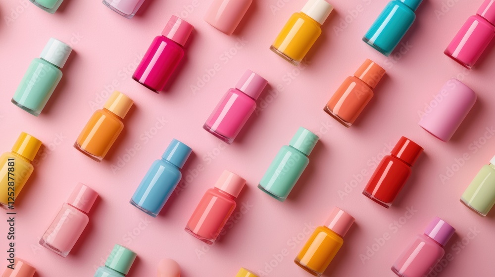 Colorful array of nail polish bottles on pink backdrop Colorful array of nail polish bottles on pink backdrop