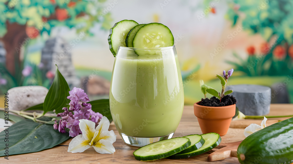 A close shot of a glass of cucumber smoothie with fresh cucumber slices on a table, set against a vibrant, soft-focus nature background, evoking freshness and healthy living. A close shot of a glass of cucumber smoothie with fresh cucumber slices on a table, set against a vibrant, soft-focus nature background, evoking freshness and healthy living.