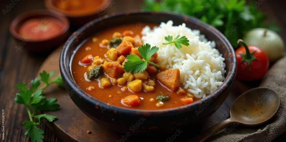 Hearty and flavorful chickpea stew served with fluffy white rice, garnished with fresh herbs in a rustic bowl. Hearty and flavorful chickpea stew served with fluffy white rice, garnished with fresh herbs in a rustic bowl.