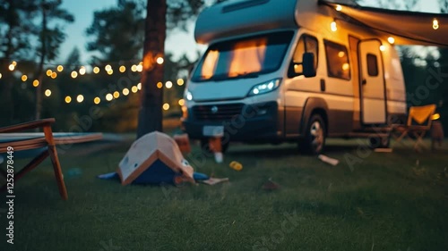 Campsite Serenity: A cozy campervan is parked at a tranquil campsite at dusk, string lights glowing warmly in the background, creating a peaceful and inviting atmosphere.