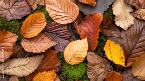 Autumn leaves in shades of brown, orange, and yellow rest on green mossy forest floor, creating warm and natural seasonal scene. fallen foliage contrasts beautifully with vibrant moss
