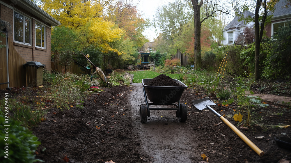 A wheelbarrow filled with freshly dug soil parked on a garden path, surrounded by scattered gardening tools, including a rake and a small hand cultivator. A wheelbarrow filled with freshly dug soil parked on a garden path, surrounded by scattered gardening tools, including a rake and a small hand cultivator.