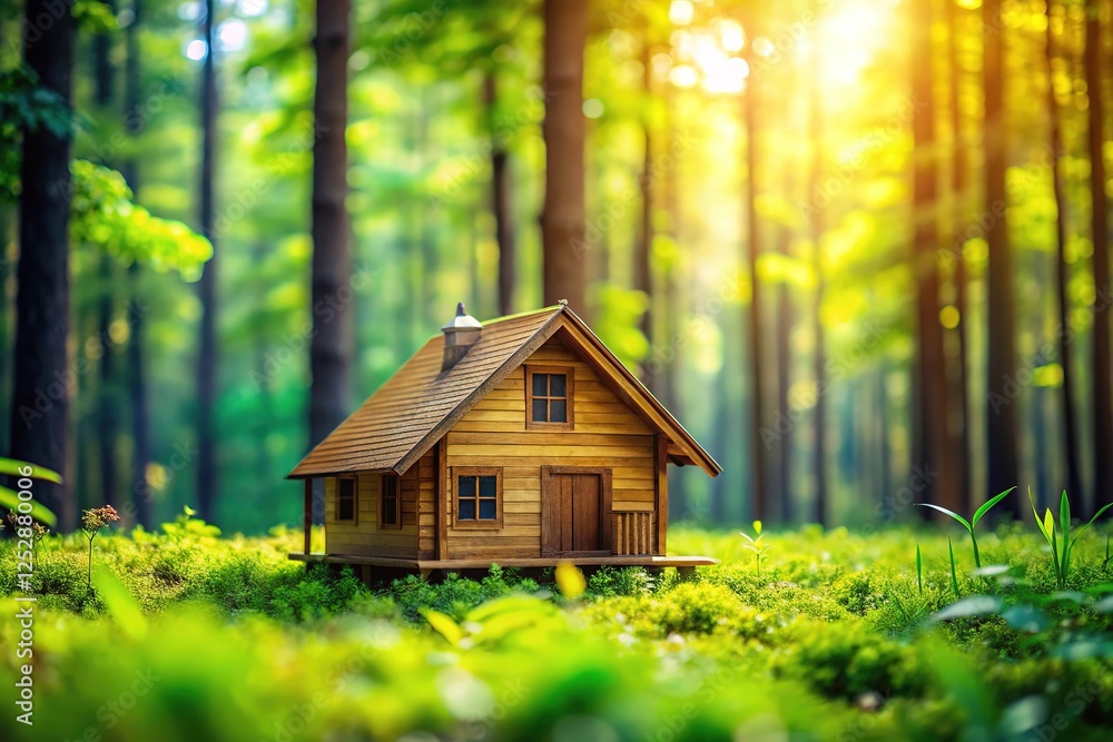 Lush green forest backdrop, showcasing a wooden house in high detail. Lush green forest backdrop, showcasing a wooden house in high detail.