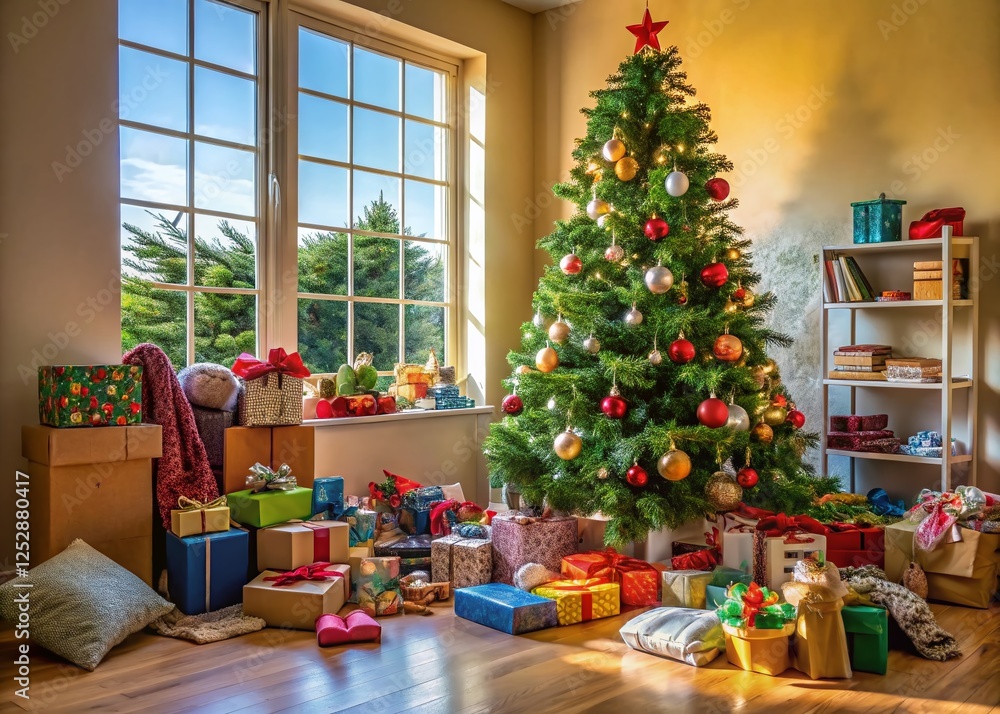 Obraz premium A Rustic Christmas Tree & Donated Gifts: Documentary Style Photo of Charitable Giving