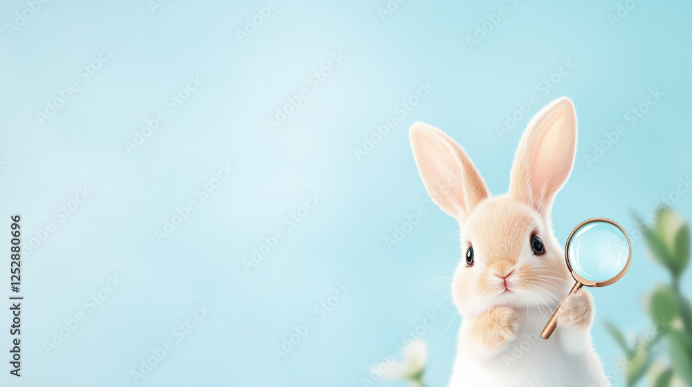 Cute watercolor bunny holding magnifying glass in soft pastel Cute watercolor bunny holding magnifying glass in soft pastel