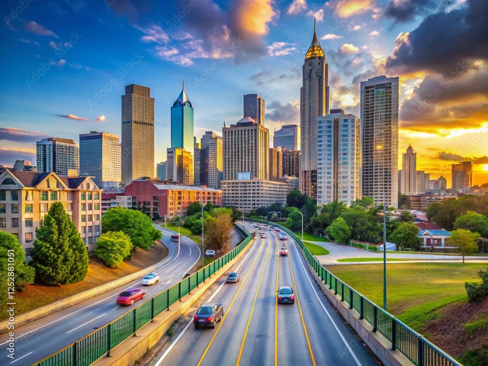 Fototapeta premium Atlanta Skyline Panoramic View from Jackson Street Bridge, Georgia Daytime Cityscape