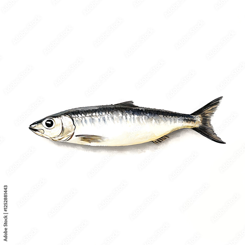 Realistic illustration of a sardine on a white background showcasing detailed features and anatomy Realistic illustration of a sardine on a white background showcasing detailed features and anatomy