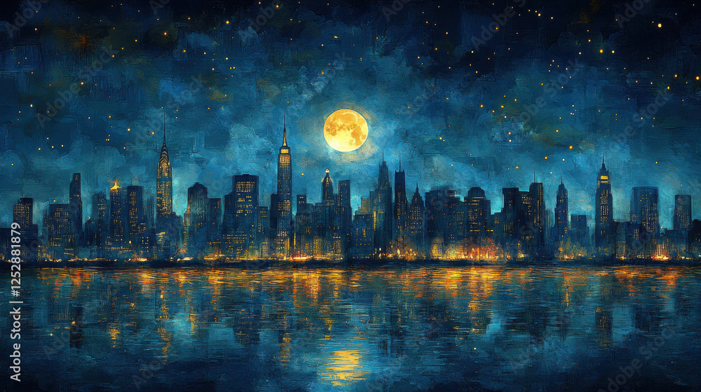 Fototapeta premium City skyline illuminated at night with twinkling stars and a glowing moon over serene waters, creating a captivating urban nightscape