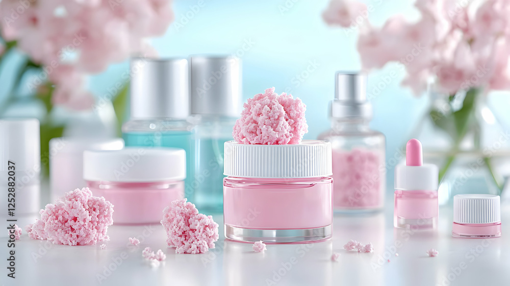 Pink skincare cream jars, flowers, spa. Beauty product display Pink skincare cream jars, flowers, spa. Beauty product display