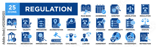 Regulation icon collection set. Containing design Rule Book, Adherence, Scrutiny, Legislation, Regulation	