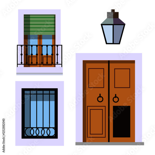 set of traditional windows with door and lantern