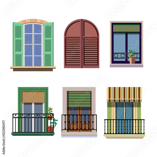 set of european windows with flowers, shutters, curtains