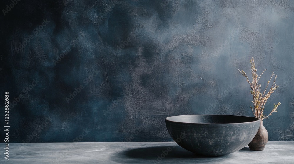 Black bowl and dried branch on a textured surface Black bowl and dried branch on a textured surface