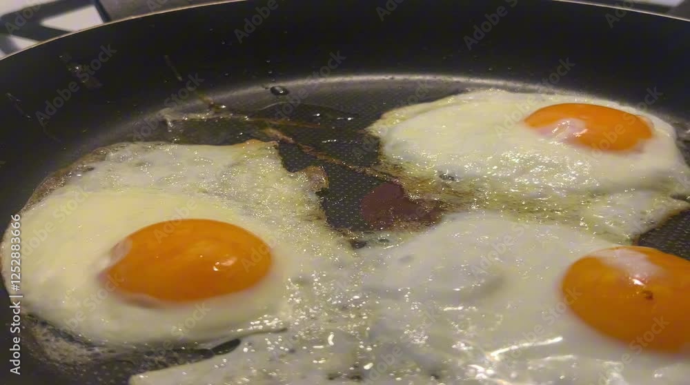 Fried eggs of three eggs are sizzling in a frying pan. Fried eggs of three eggs are sizzling in a frying pan.