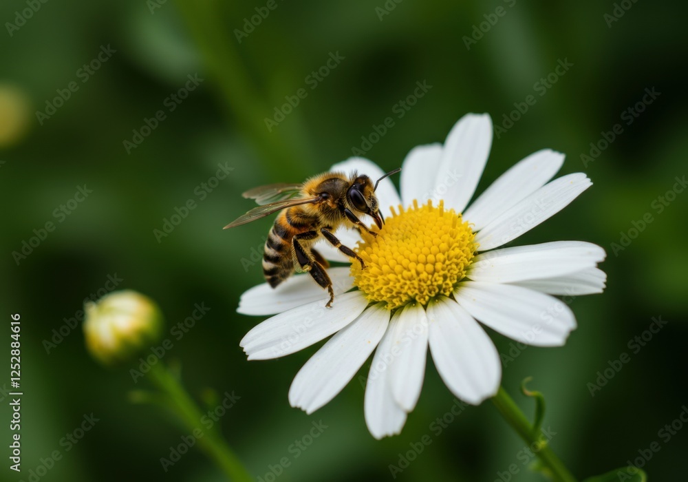 Honeybee pollinating a white daisy flower in a lush green garden setting Honeybee pollinating a white daisy flower in a lush green garden setting