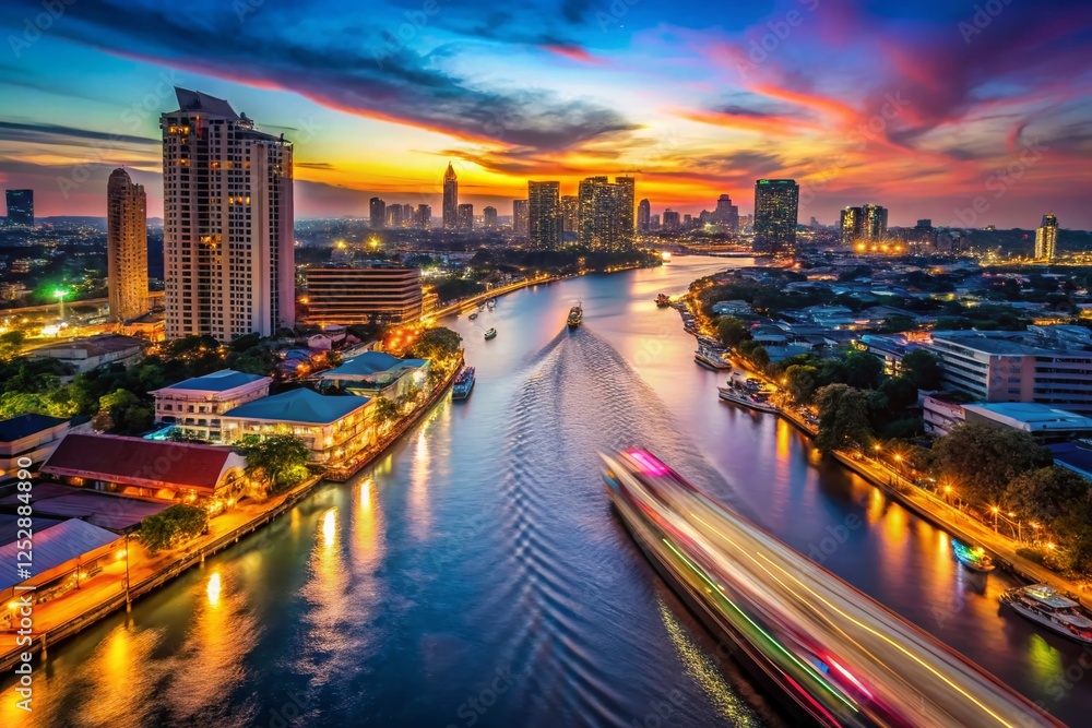 Fototapeta premium Bangkok Nightlife: Chao Phraya River Business District - Vibrant Cityscape