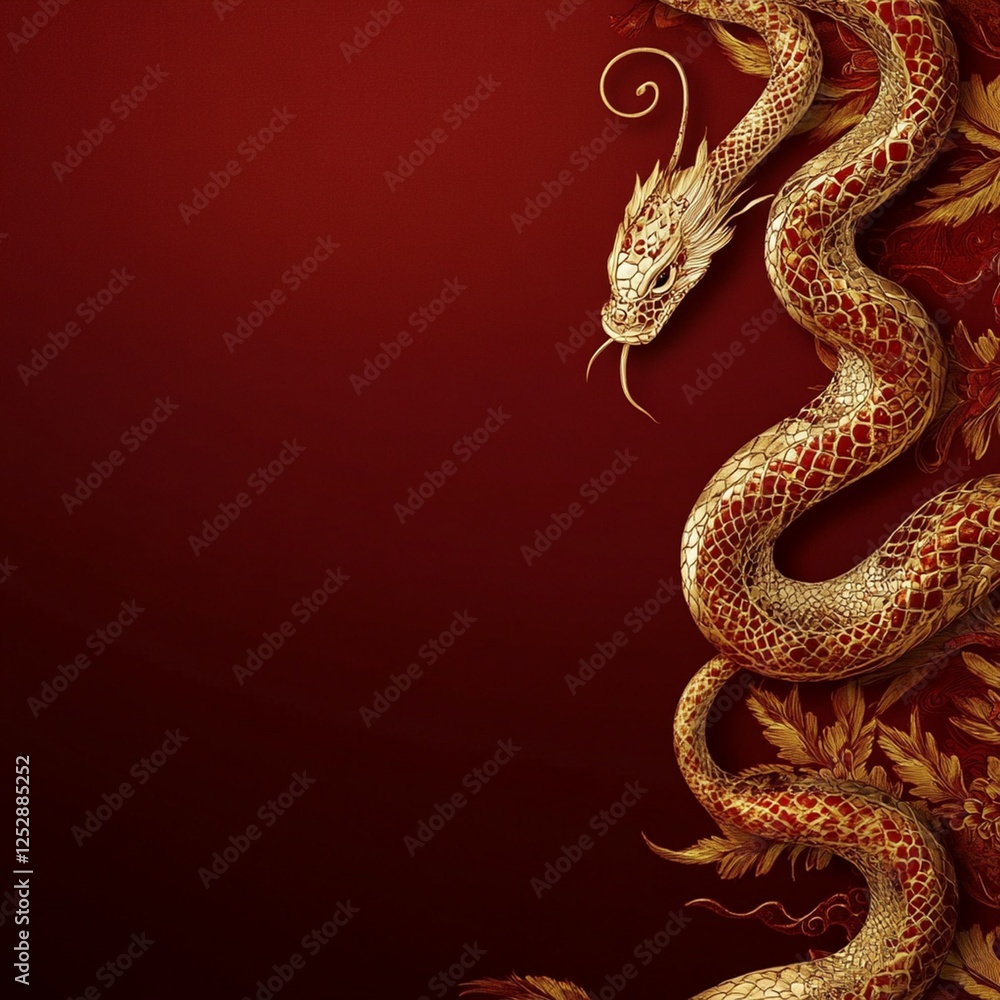 Golden dragon, intricate details, coiled serpentine body, red background, Chinese zodiac, mythical creature, scales, whiskers, fierce expression, cultural symbol, ornate design. Golden dragon, intricate details, coiled serpentine body, red background, Chinese zodiac, mythical creature, scales, whiskers, fierce expression, cultural symbol, ornate design.