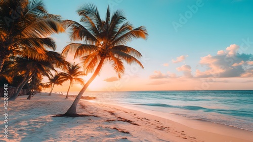 A cinematic shot of palm trees on the beach at sunset
