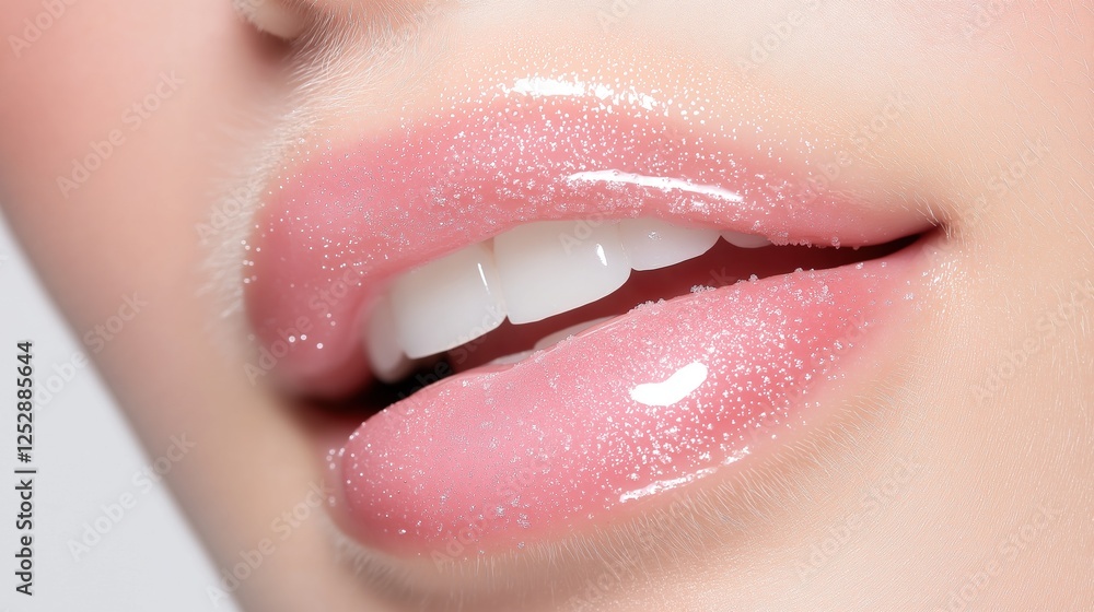 Naklejka premium Close-up of a woman's mouth, showing her lips and teeth. the lips are slightly parted, and the teeth are white. the woman's skin appears to be smooth and well-groomed.