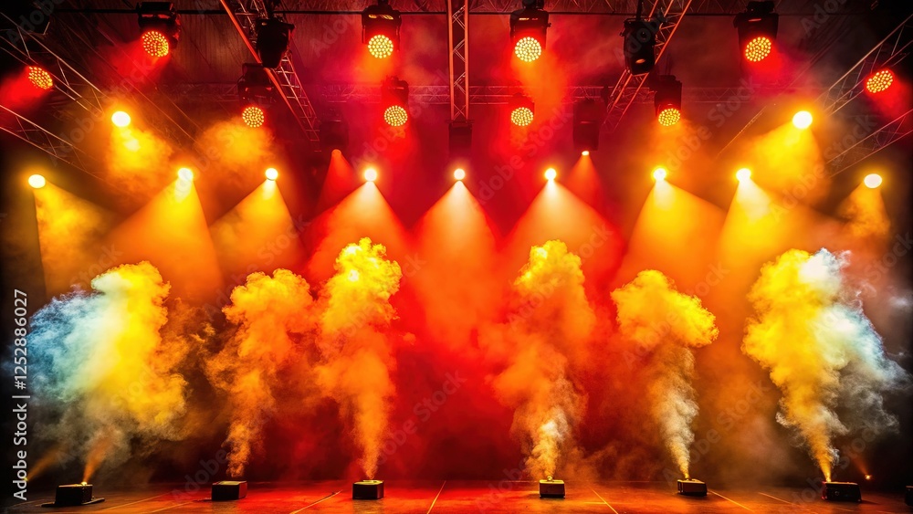 Fototapeta premium AI-generated stage photo: red, yellow lights, smoke.