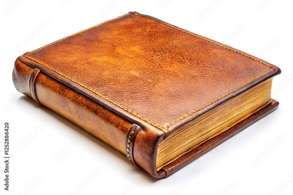 Aged leather book, sepia tones, solitary image, suggesting history. Aged leather book, sepia tones, solitary image, suggesting history.