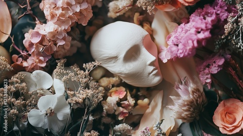 Surreal floral composition with a sculpted face and vibrant blooms