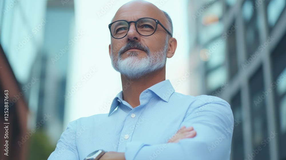 Fototapeta premium Portrait of a middle-aged man with a bald head and a white beard. he is wearing a light blue collared shirt and black-rimmed glasses.