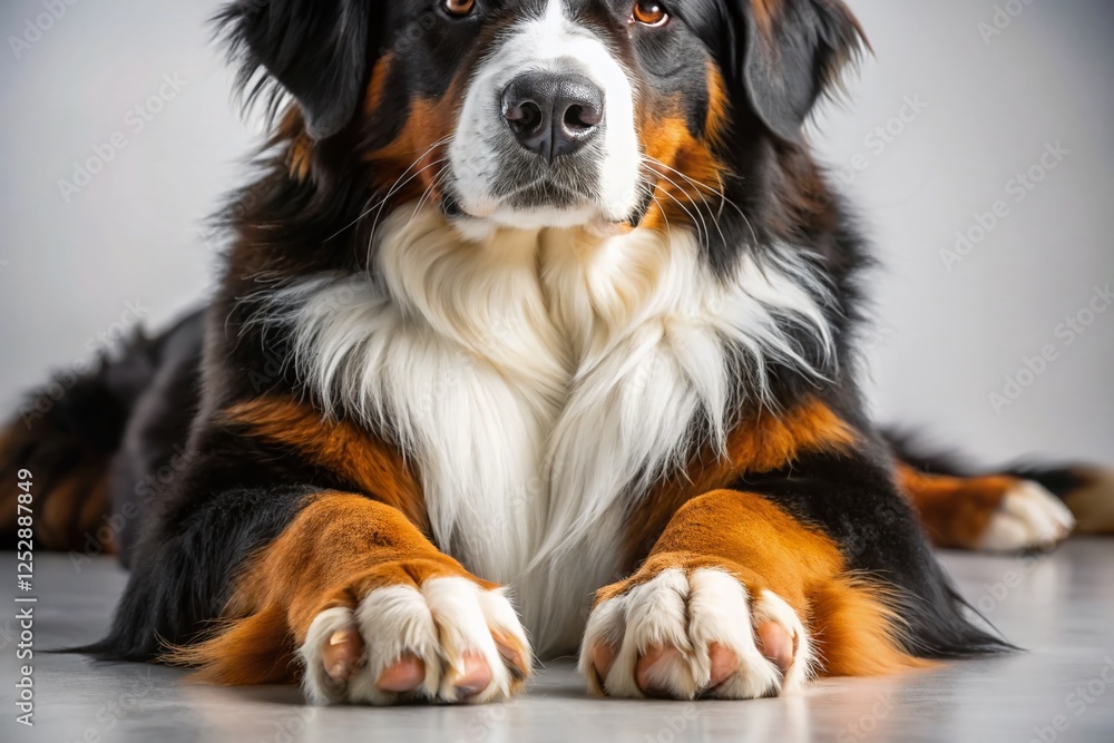 Bernese Mountain Dog Paws and Tail Close-Up - Fluffy Dog Breed Stock Photo Bernese Mountain Dog Paws and Tail Close-Up - Fluffy Dog Breed Stock Photo