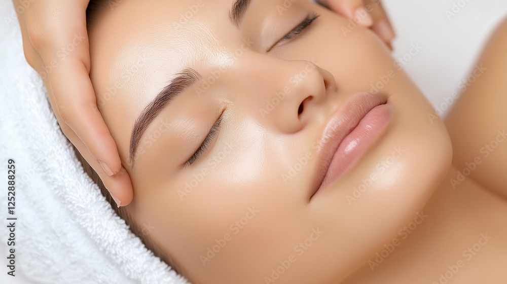 Close-up of a young woman's face with her eyes closed and her head resting on a white towel. she appears to be relaxed and enjoying a facial massage. Close-up of a young woman's face with her eyes closed and her head resting on a white towel. she appears to be relaxed and enjoying a facial massage.